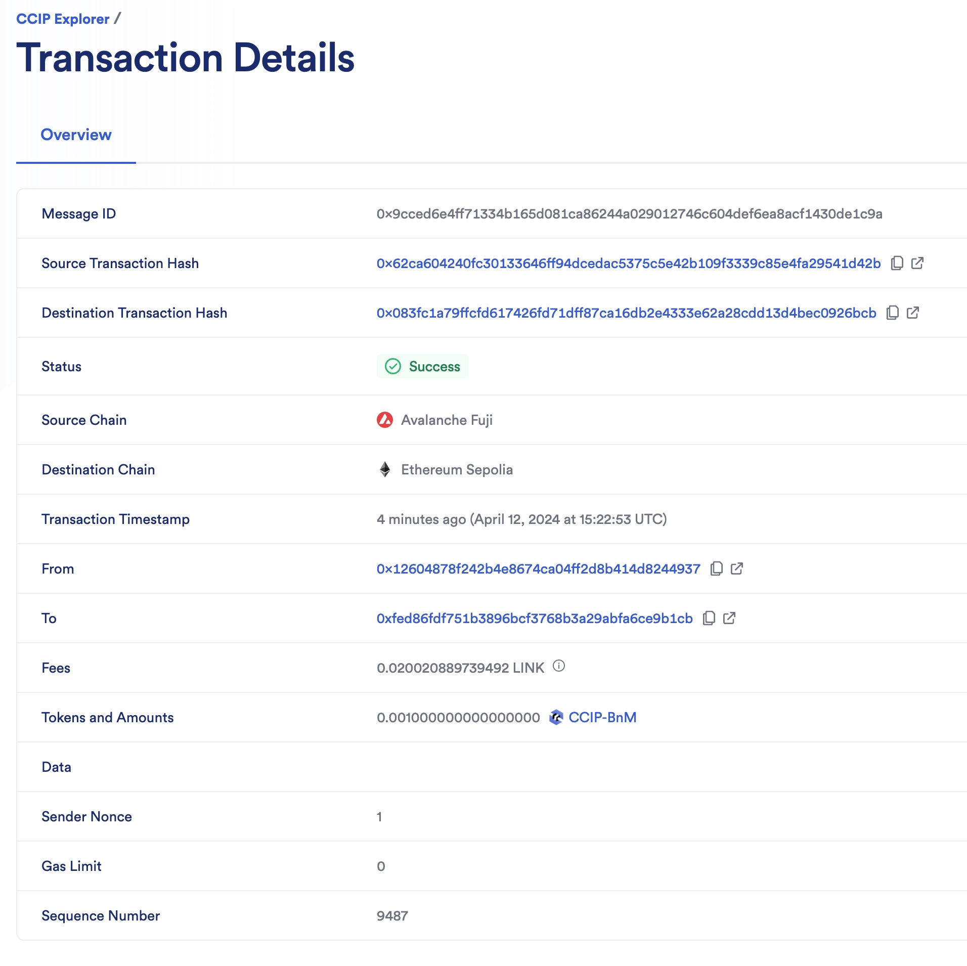 Chainlink CCIP Explorer transaction details success